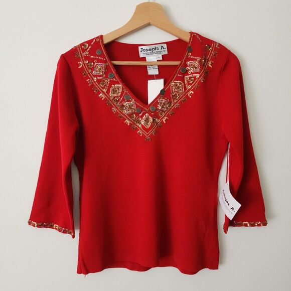 Joseph A Sweaters - NWT Joseph A Womens Holiday Sweater Size L Red Embellished 3/4 Sleeve V-Neck
